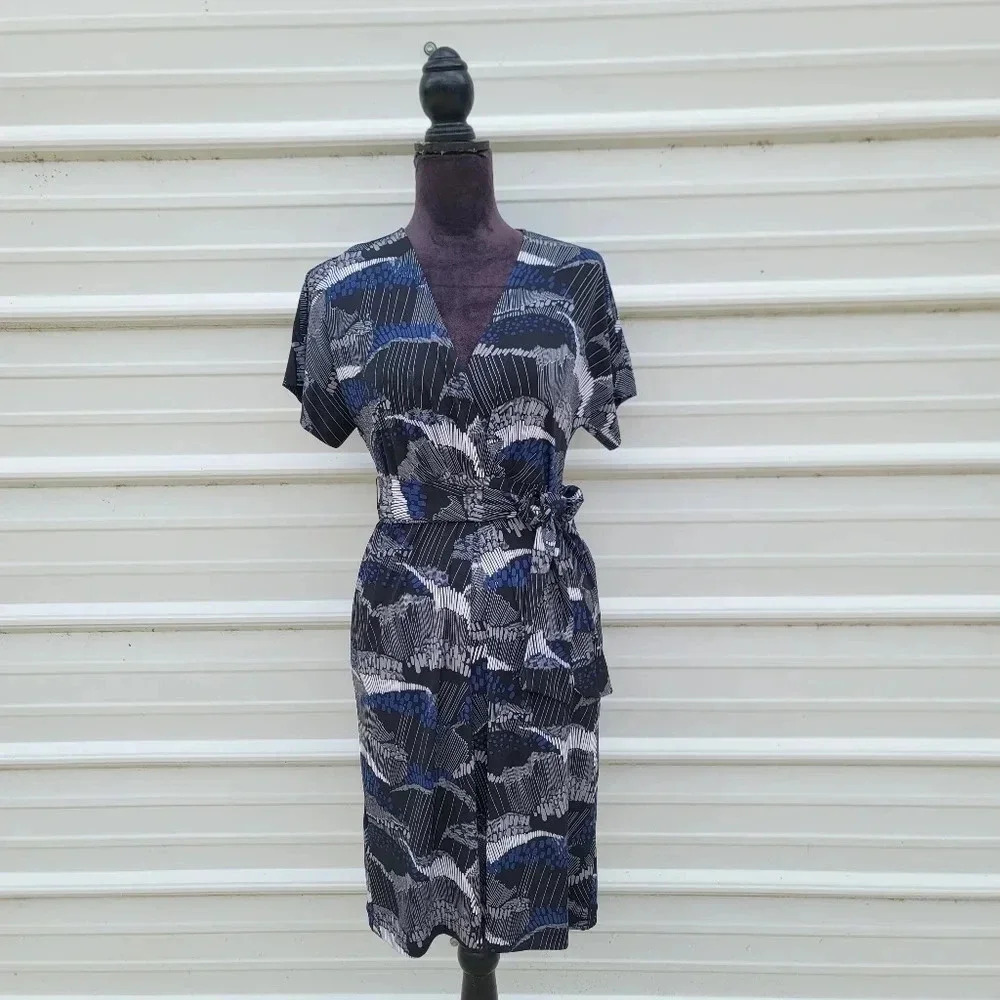 BCBG Max Azria WomensBlue Black Gray Dress Wrap V-neck Dress Stretch Tie Belt S